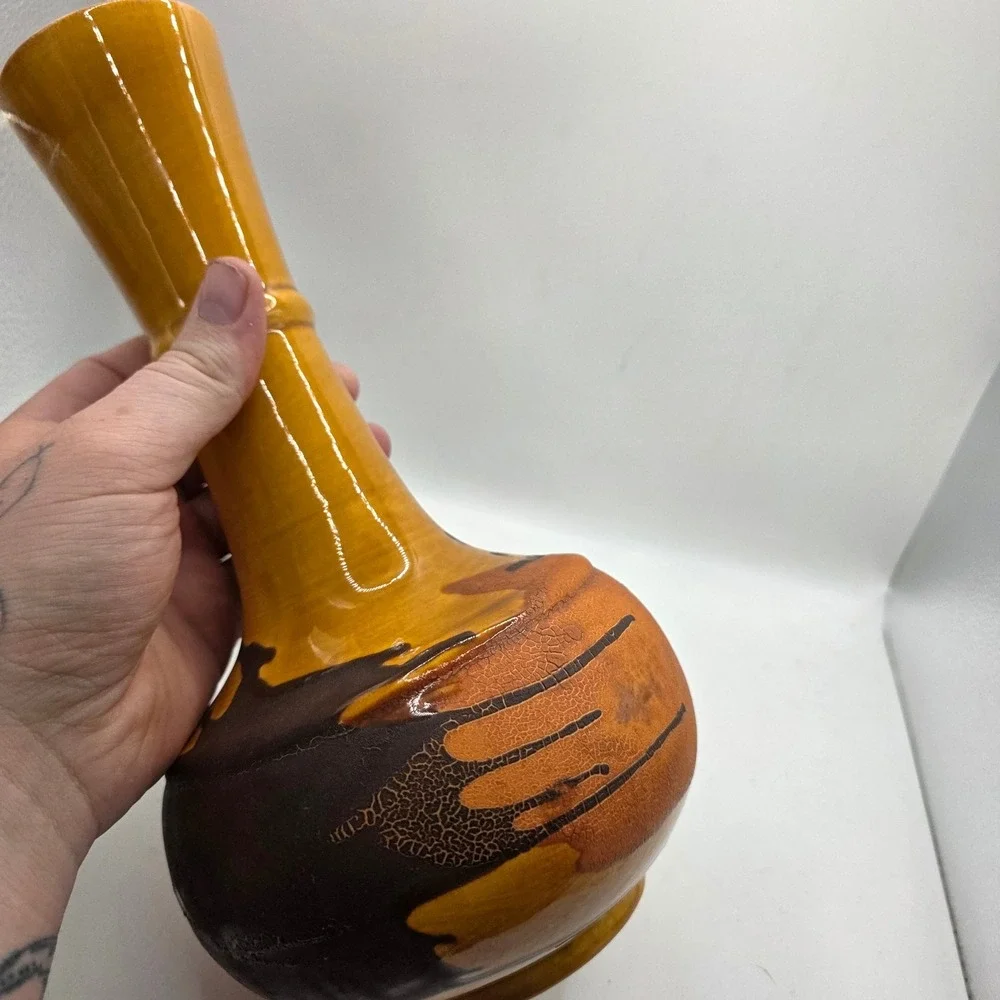 Royal Haeger Mid Century Modern Yellow Brown Drip Glaze Pottery Vase Vintage